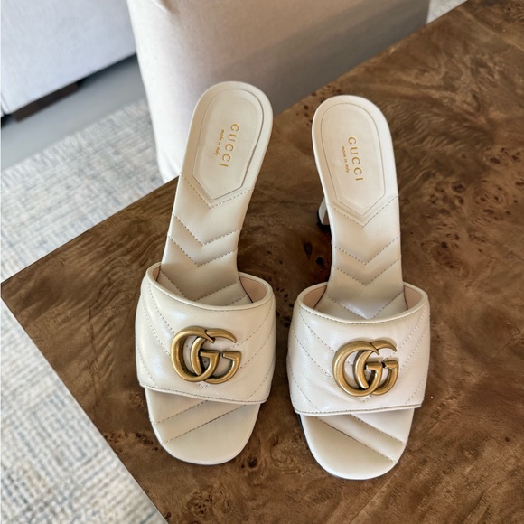 Gucci Cream Quilted GG Logo Heeled Slide Mules - Picture 2 of 7
